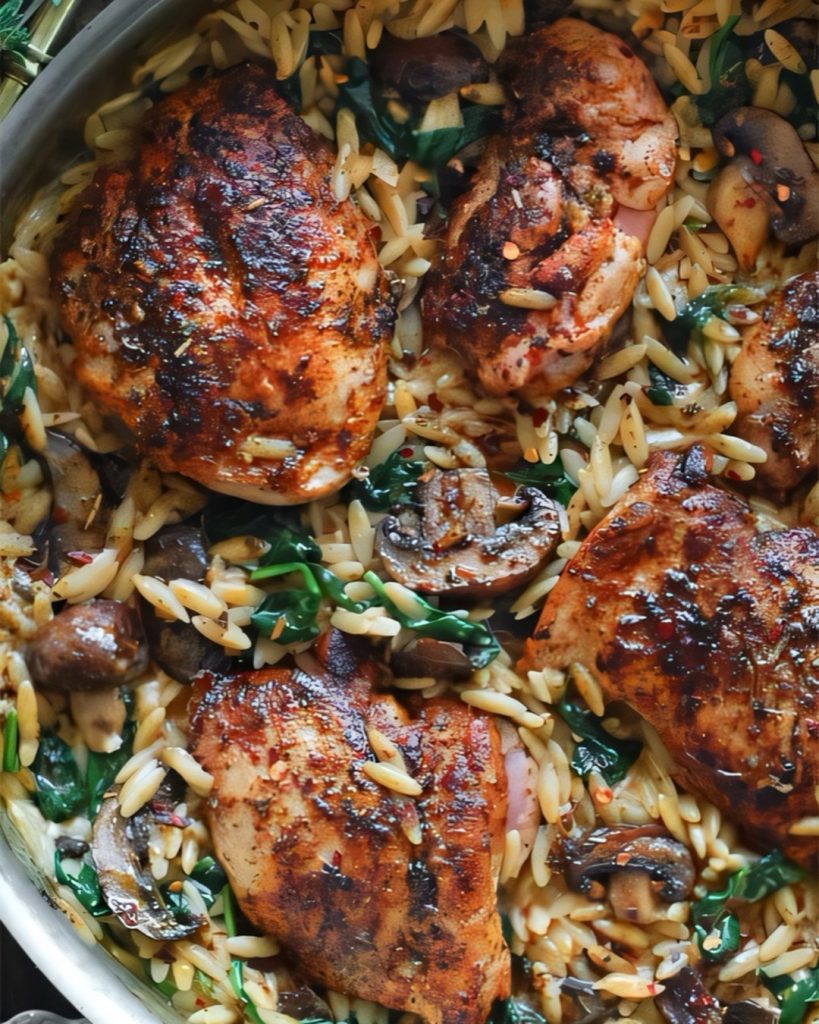 Creamy chicken mushroom orzo in a skillet with golden-seared chicken thighs, mushrooms, and spinach in a silky Marsala mascarpone sauce — an easy 30-minute fall dinner.