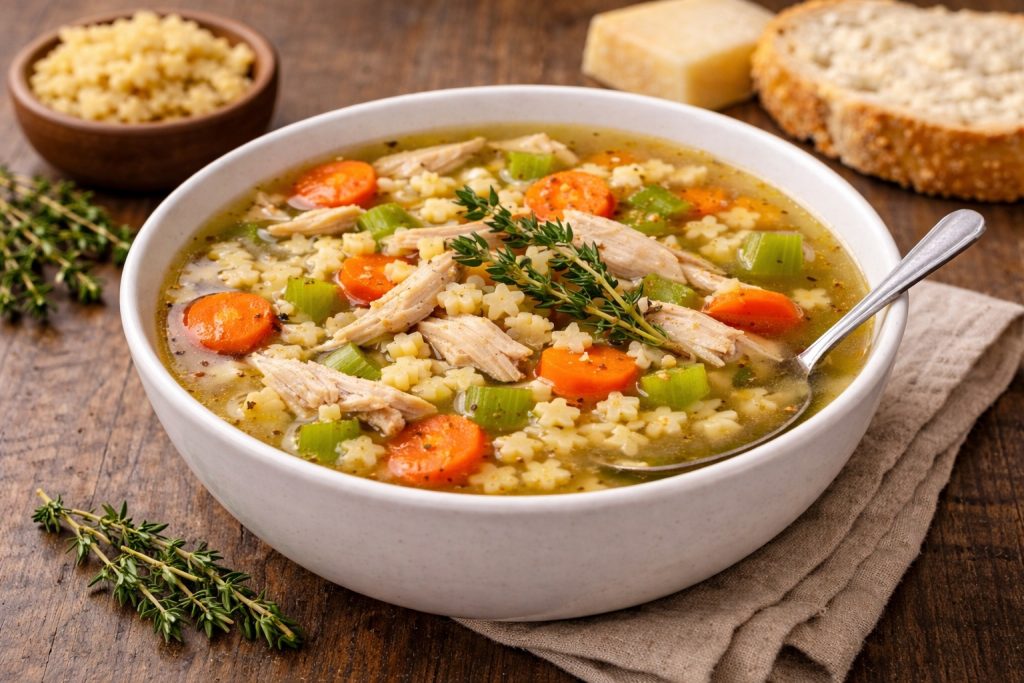 Classic chicken soup with pasta stars, carrots, celery, and roasted chicken in a golden broth