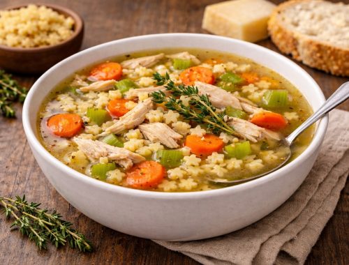 Classic chicken soup with pasta stars, carrots, celery, and roasted chicken in a golden broth